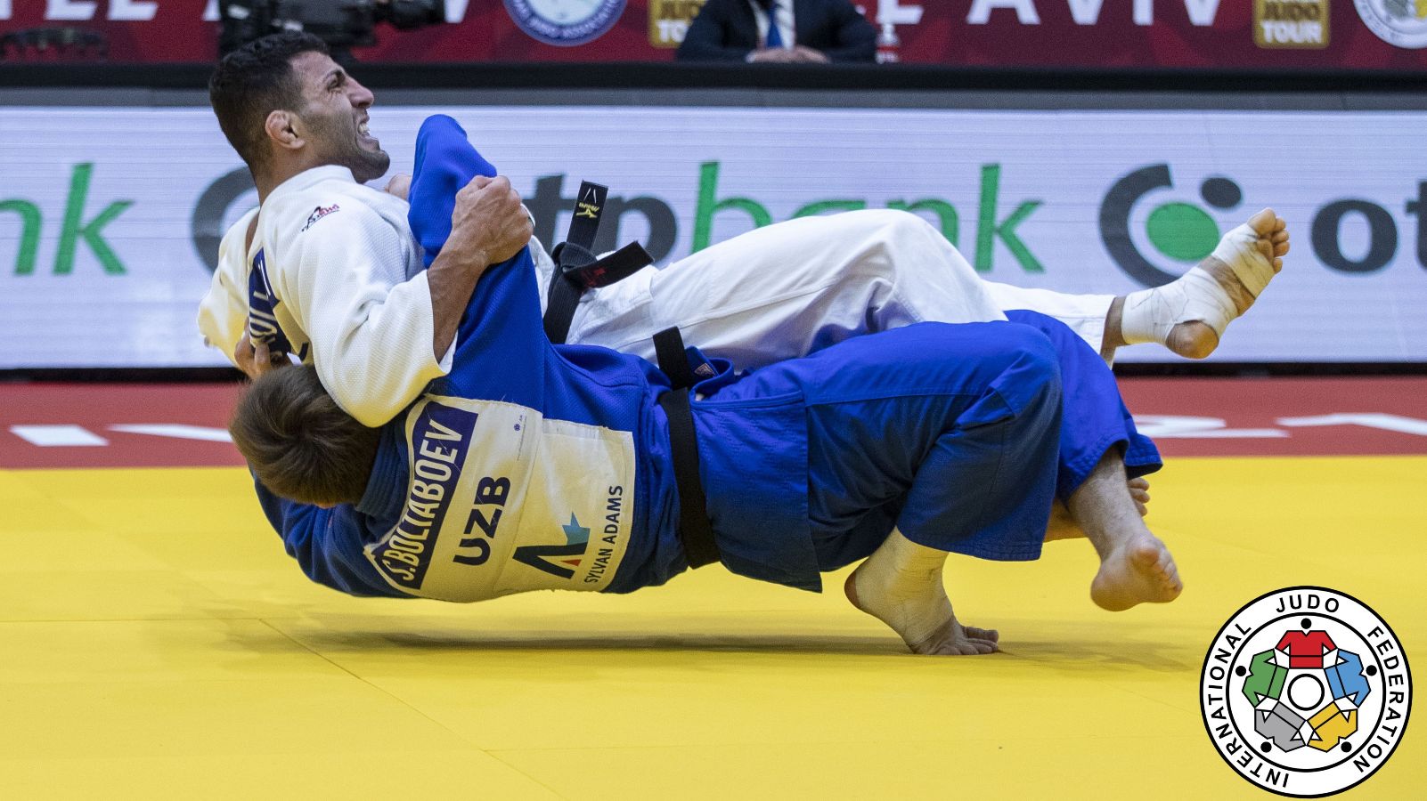 Iranian judoka Saeid Mollaei (in white) competing at the International Judo Federation’s Grand Slam in Tel Aviv in February. (Sabau Gabriela/International Judo Federation)