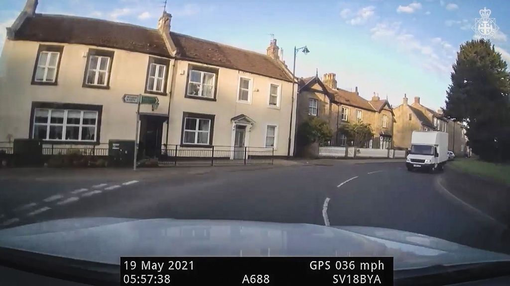 A van containing a stolen ATV as seen on the dashcam of a police vehicle headed to the scene of the theft on a farm in northern England. At the same time, the thieves were streaming their own video of the chase on Snapchat. (@durhamconstabulary/Zenger News)