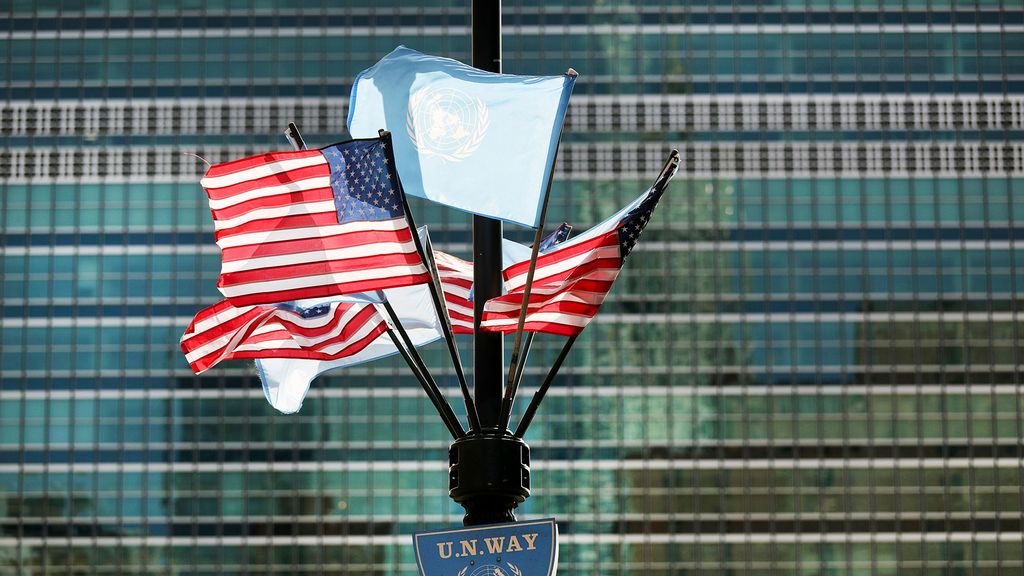 American and United Nations flags fly across from the United Nations in Manhattan, New York City. (Spencer Platt/Getty Images)