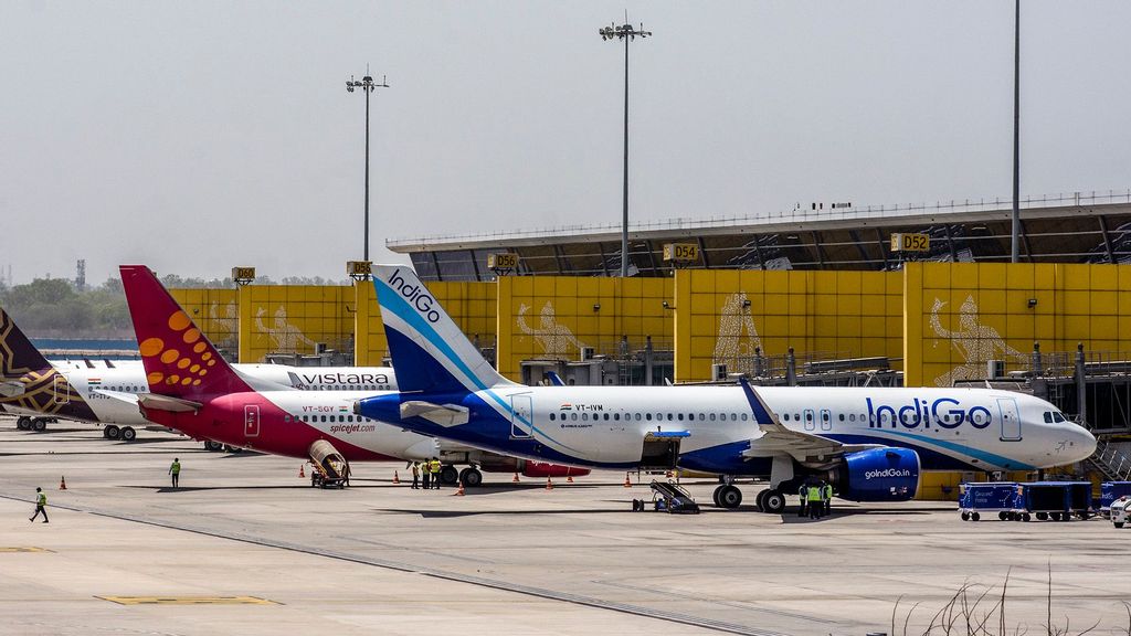 Aircraft stand at Terminal 3 at the Indira Gandhi International Airport, as the country relaxed its lockdown restriction in Delhi, India. (Yawar Nazir/Getty Images)