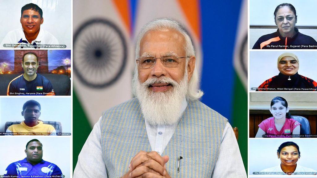 The Prime Minister, Shri Narendra Modi interacting with the Indian para-athlete contingent for Tokyo 2020 Paralympic Games, through video conferencing, in New Delhi. (Press Information Bureau)