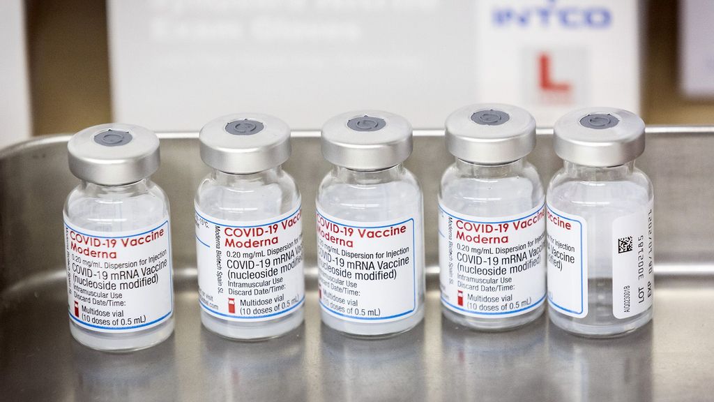 Bottles of the Moderna COVID-19 vaccine are seen on the first day of ANA Holdings Inc.'s workplace vaccination campaign at Haneda Airport on June 13, 2021 in Tokyo, Japan. (Yuichi Yamazaki/Getty Images)