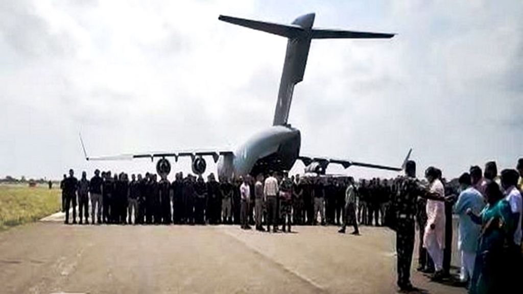 IAF C-17 evacuation flight from Kabul landing in Jamnagar with Indian officials on Tuesday. (ANI Image)