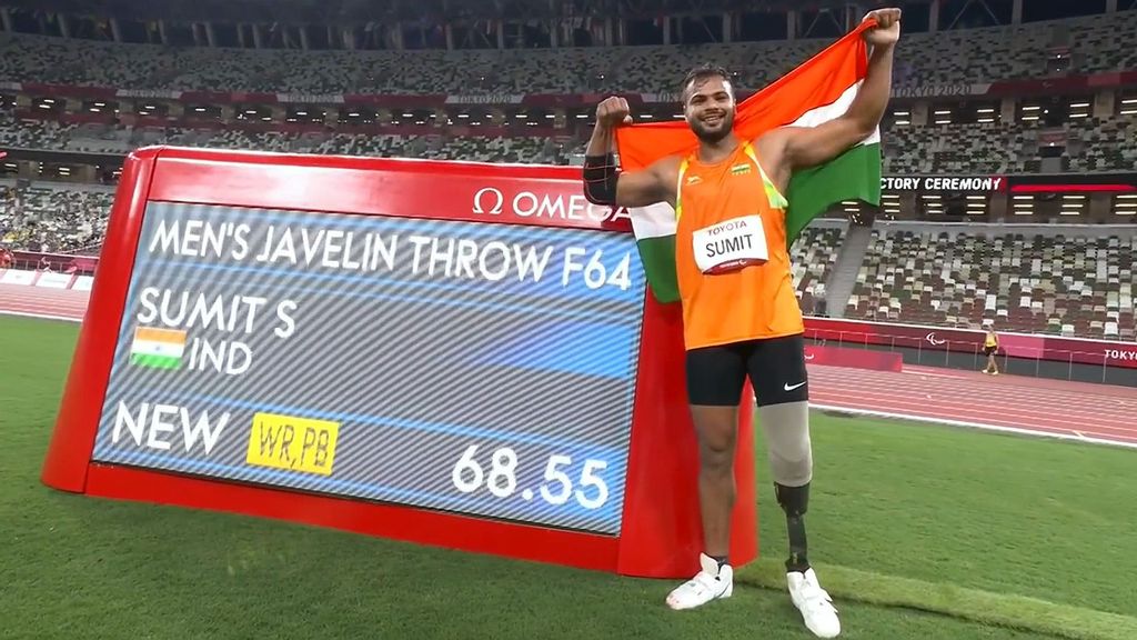 India's Sumit Antil very comprehensively won gold in the men's javelin throw (Sport Class F64) at National Stadium in Tokyo. (Paralympic Games/Youtube)