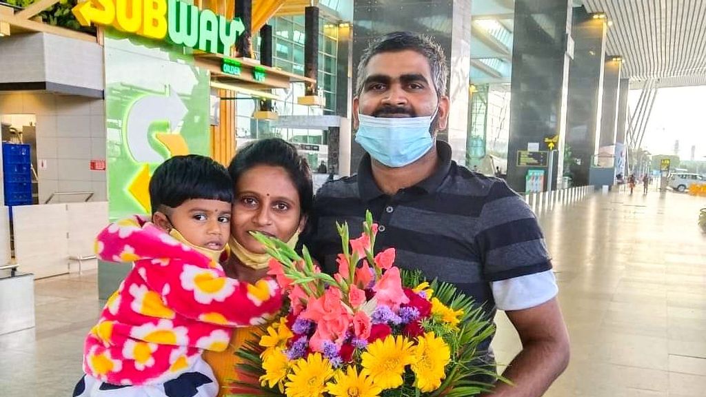 Harish Bangera at Bengaluru airport with family. (Shobha Karandlaje, @ShobhaBJP/Twitter)