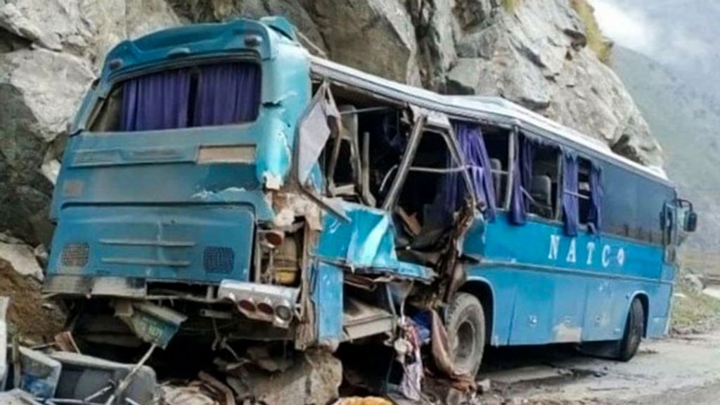 Visual of the bus involved in the accident in Pakistan. After 13 people were killed in a bus blast at the Dasu Hydropower Project, including 9 Chinese nationals on July 13, the Chinese firm is still reluctant to resume work. (ANI Image)