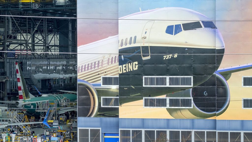 The Boeing 737-8 is pictured on a mural on the side of the Boeing Renton Factory in Renton, Washington. (Stephen Brashear/Getty Images)