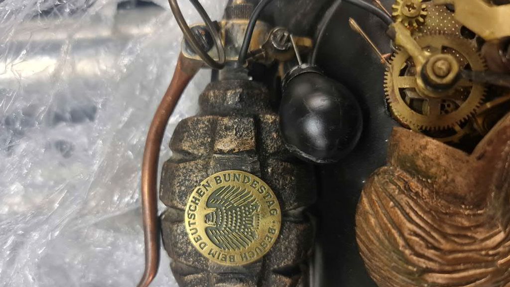 This steampunk sculpture, with a fake hand grenade, was brought into the airport in Frankfurt, Germany, by an American citizen. (Bundespolizeidirektion Flughafen Frankfurt am Main/Zenger)