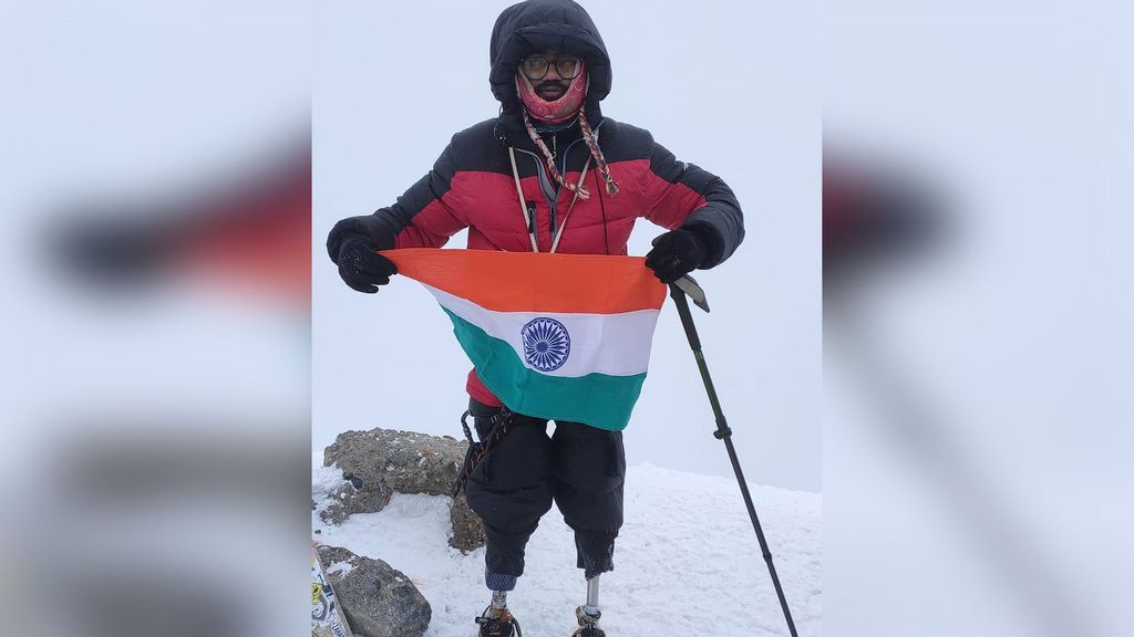 Chhattisgarh's specially abled double leg amputee mountaineer Chitrasen Sahu scripted history as he climbed Mount Elbrus which is at a height of 5,642 metres. (Chitrasen Sahu, @halfhumanrobo/Twitter)