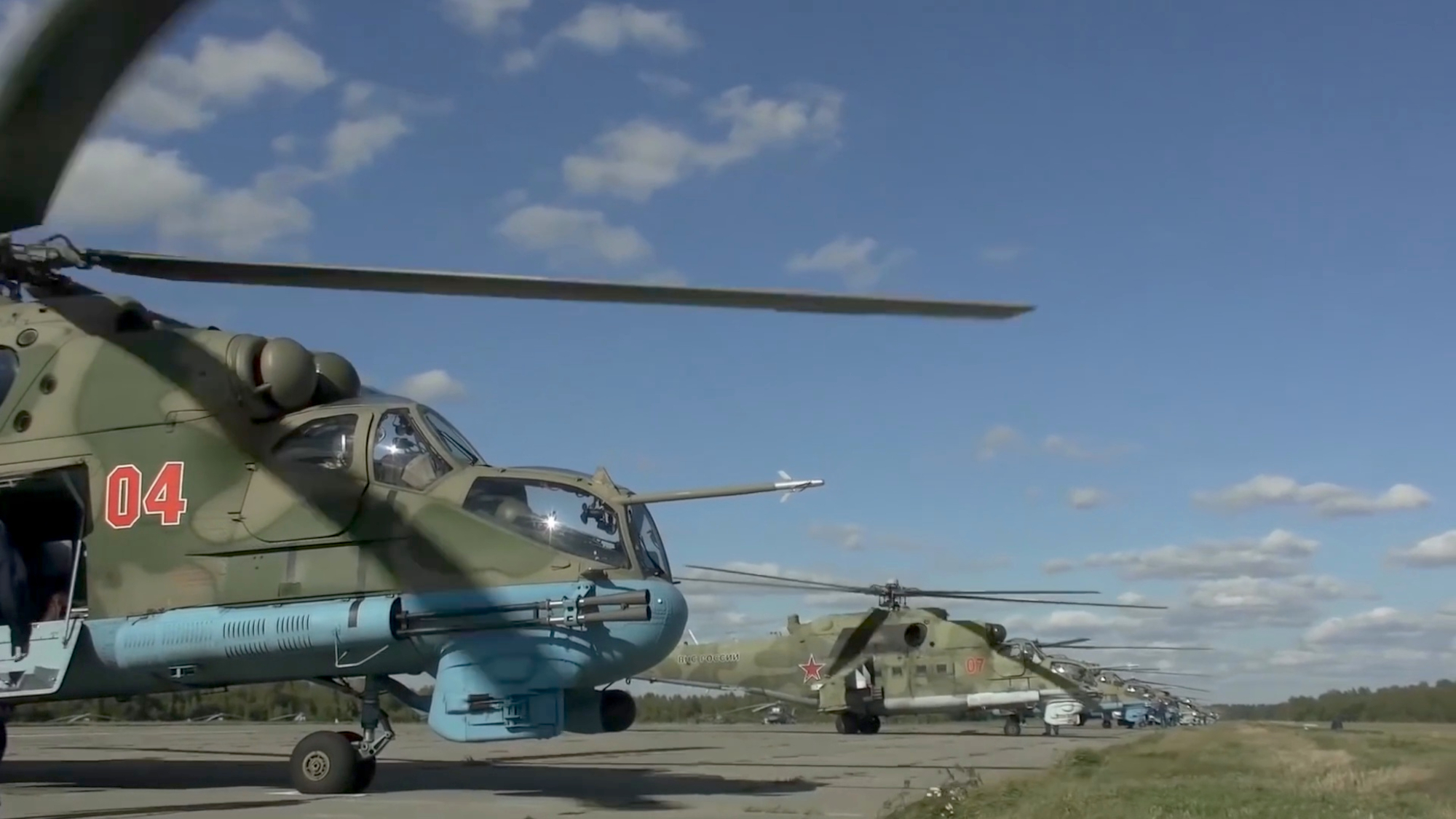 Russian Mi-35 and Mi-24 helicopters take part in ZAPAD-2021, a joint strategic war games exercise involving forces from Russia and Belarus. (Russian Ministry of Defense/Zenger)