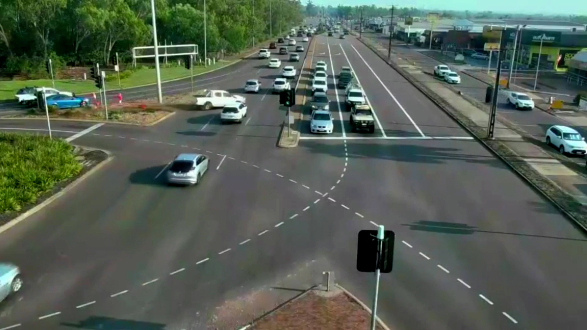 A white pickup truck (upper left) shoots across busy traffic in Northern Territory, Australia. (Northern Territory Police, Fire and Emergency Services/Zenger)