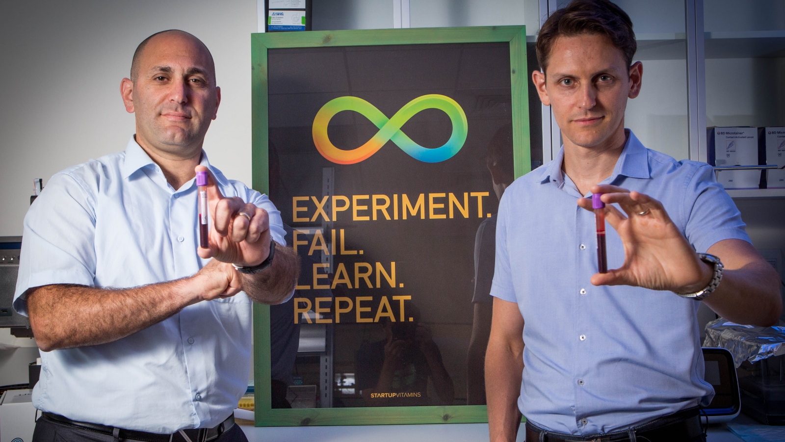 MeMed co-founders Kfir Oved, left, and Eran Eden. Critical information from the MeMed test enables physicians to know immediately if an antibiotic is called for, and to avoid antibiotic overuse.(Courtesy of MeMed).