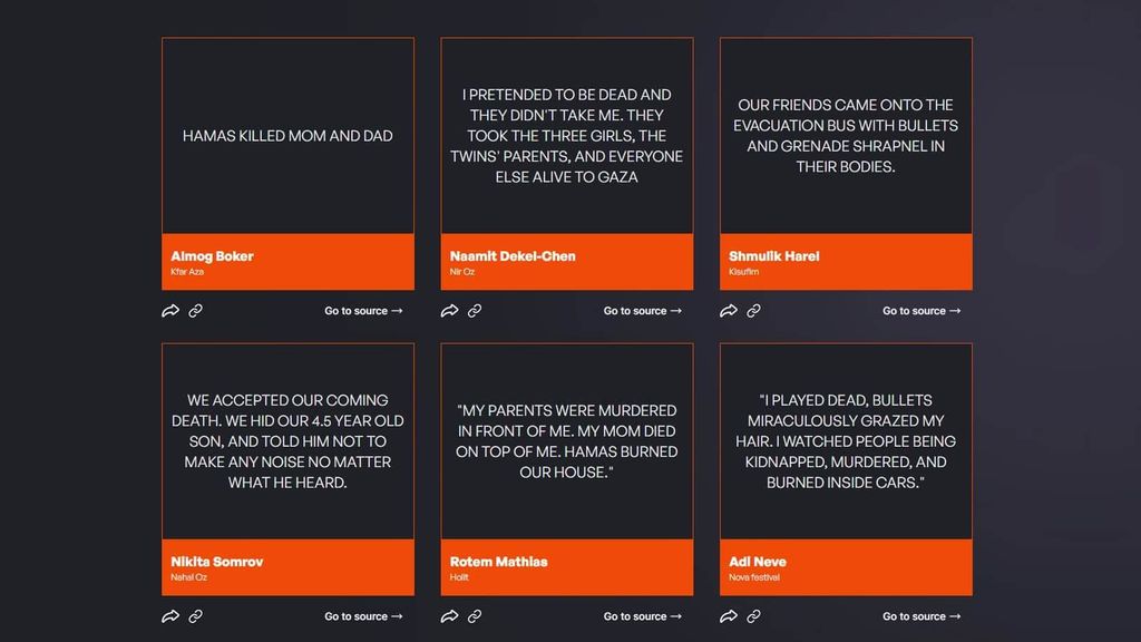 Screenshot of testimonials from The Iron Lions website. Viewers can scroll through the testimonials or choose specific ones according to categories such as murder, torture and hostage-taking. IRON LIONS WEBSITE.