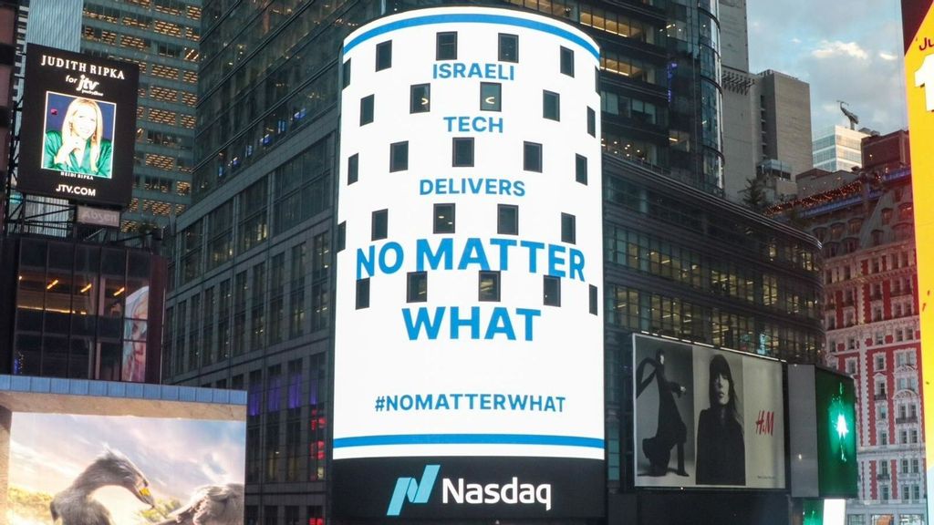 A picture of the NASDAQ towers. A new international campaign touts business continuity and the resilience of Israel's tech sector. SNC.